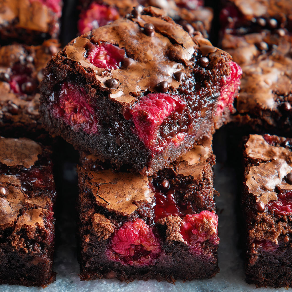 A close up of a chocolate brownie with raspberries and chocolate chips.