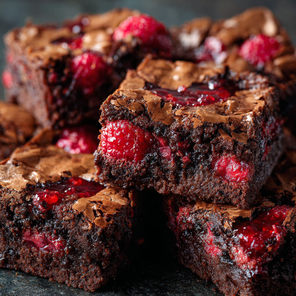 A close up of a delicious chocolate brownie with raspberries on top.