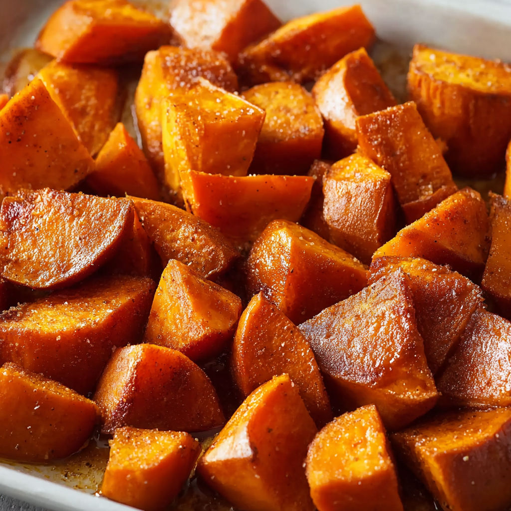 A dish of baked sweet potatoes with cinnamon butter on top.