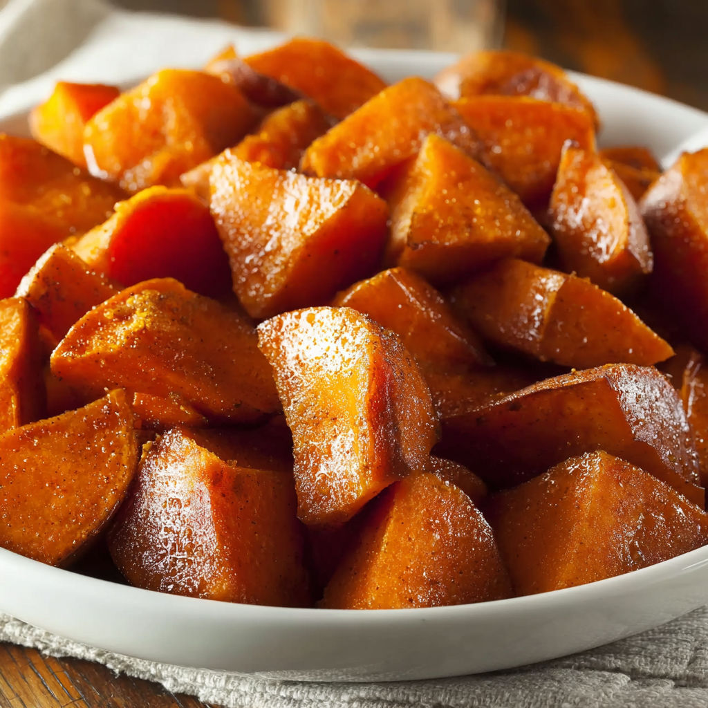 A white bowl filled with sliced sweet potatoes.