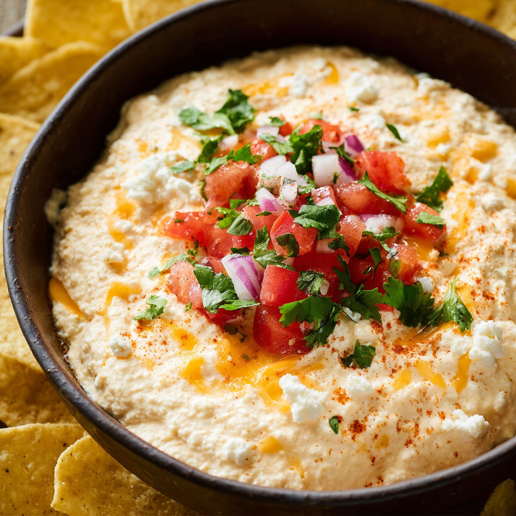 A bowl of Cottage Cheese Queso with tomatoes and onions on top.