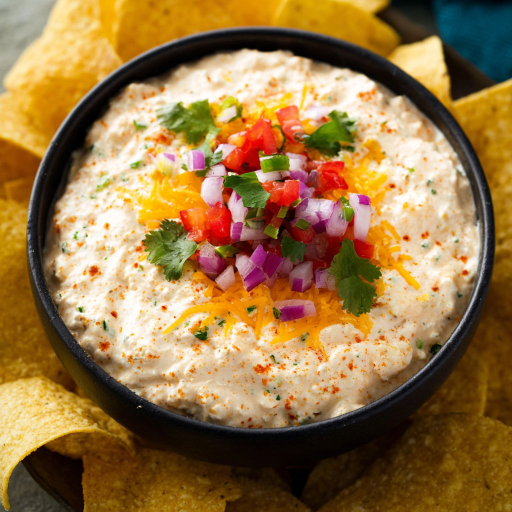 A bowl of dip with chips and tomatoes on top.
