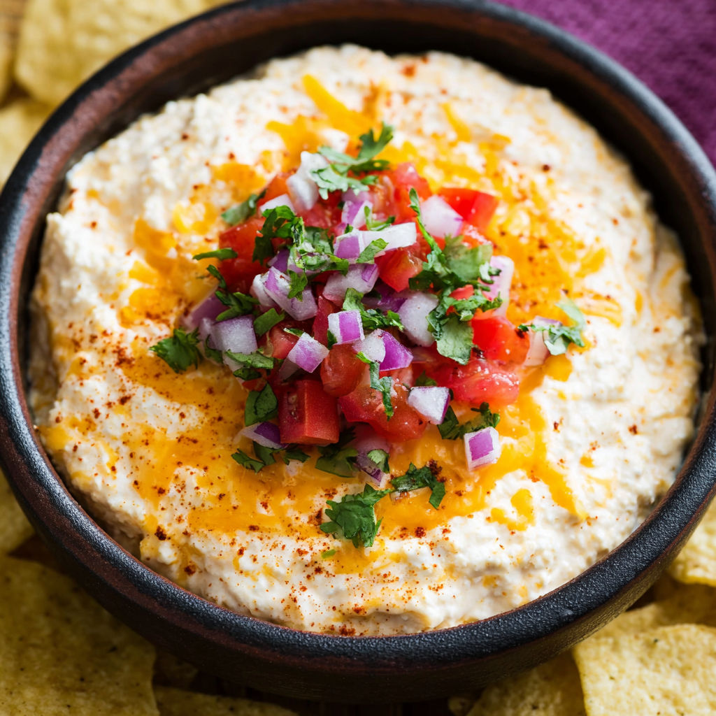 A bowl of hummus with tomatoes and onions on top.