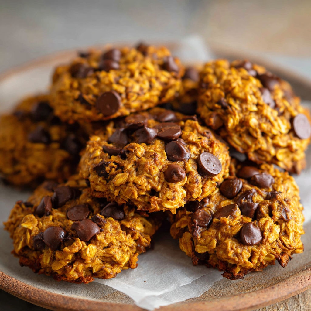 A plate of gluten-free pumpkin oatmeal cookies with chocolate chips on top.