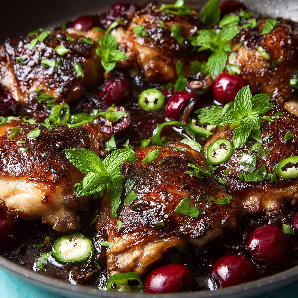 A pan of Sticky Cherry Chicken with a variety of vegetables and herbs.