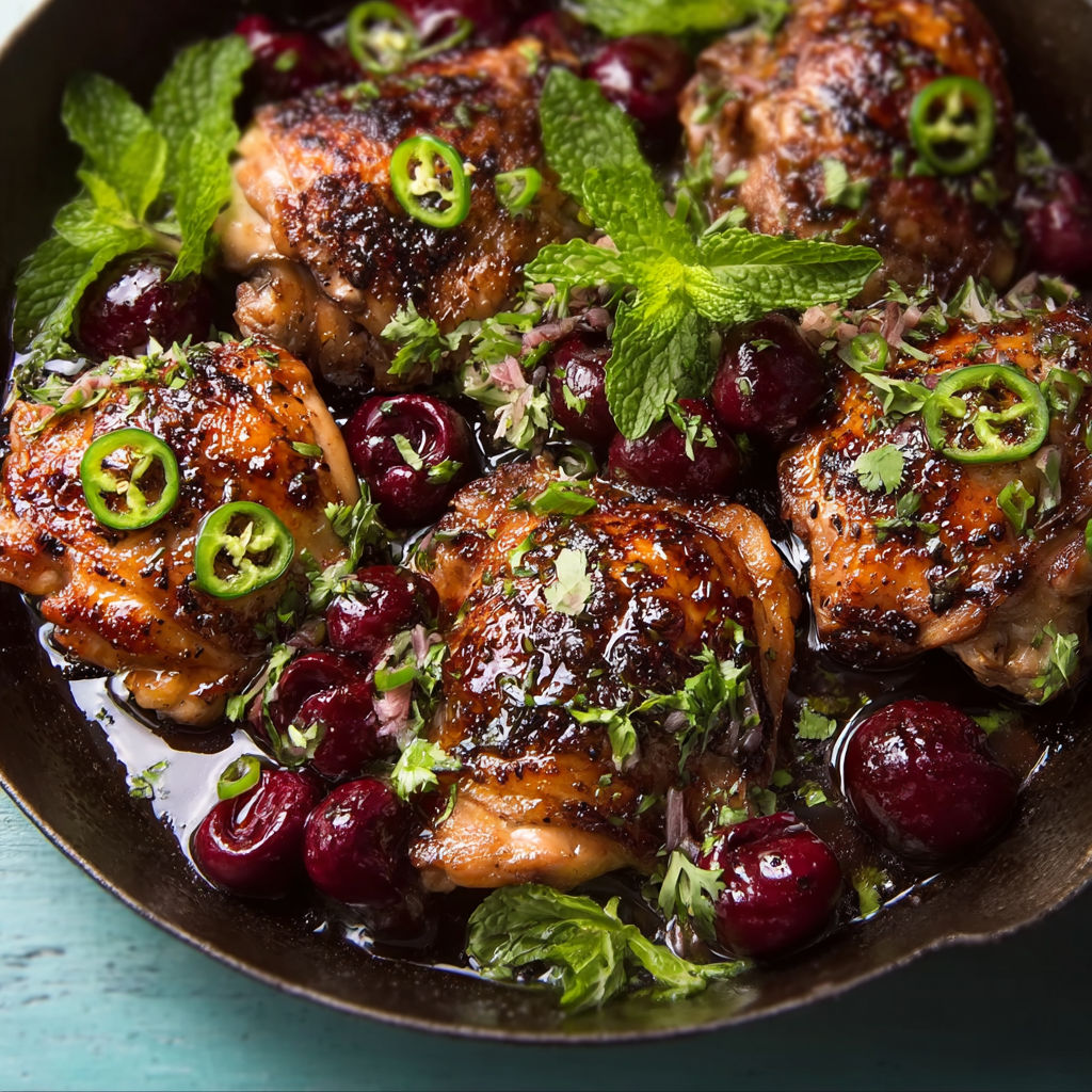 A pan of chicken with mushrooms and cherries, accompanied by a sprig of mint.