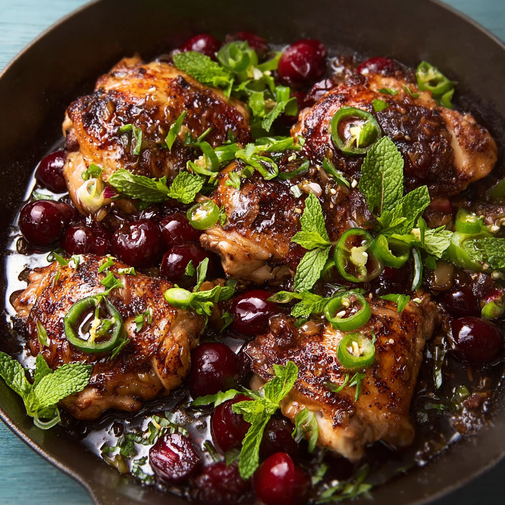 A pan of chicken with mushrooms and mint sauce.