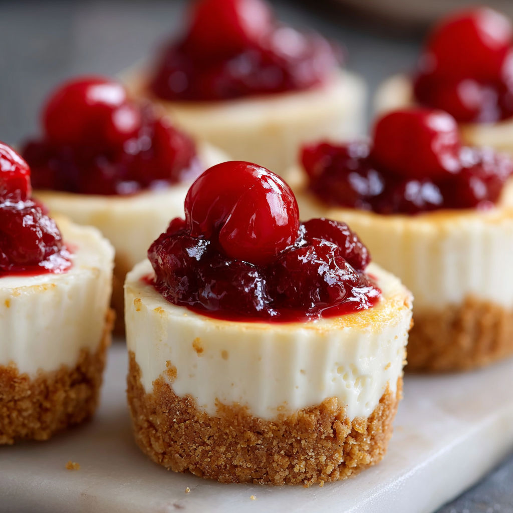 A plate of mini cherry cheesecakes with a total of 6 pieces.