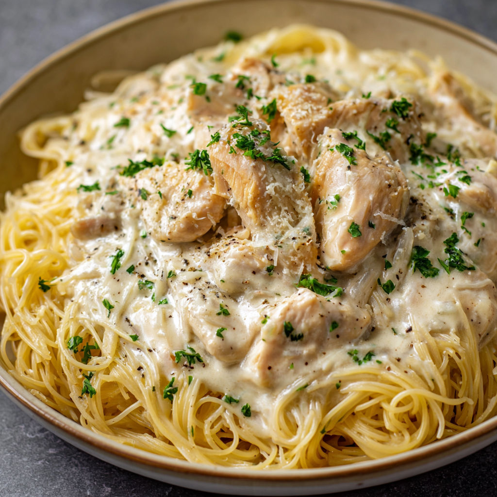 A bowl of pasta with chicken and cheese, possibly a dish called "Chicken Alfredo.