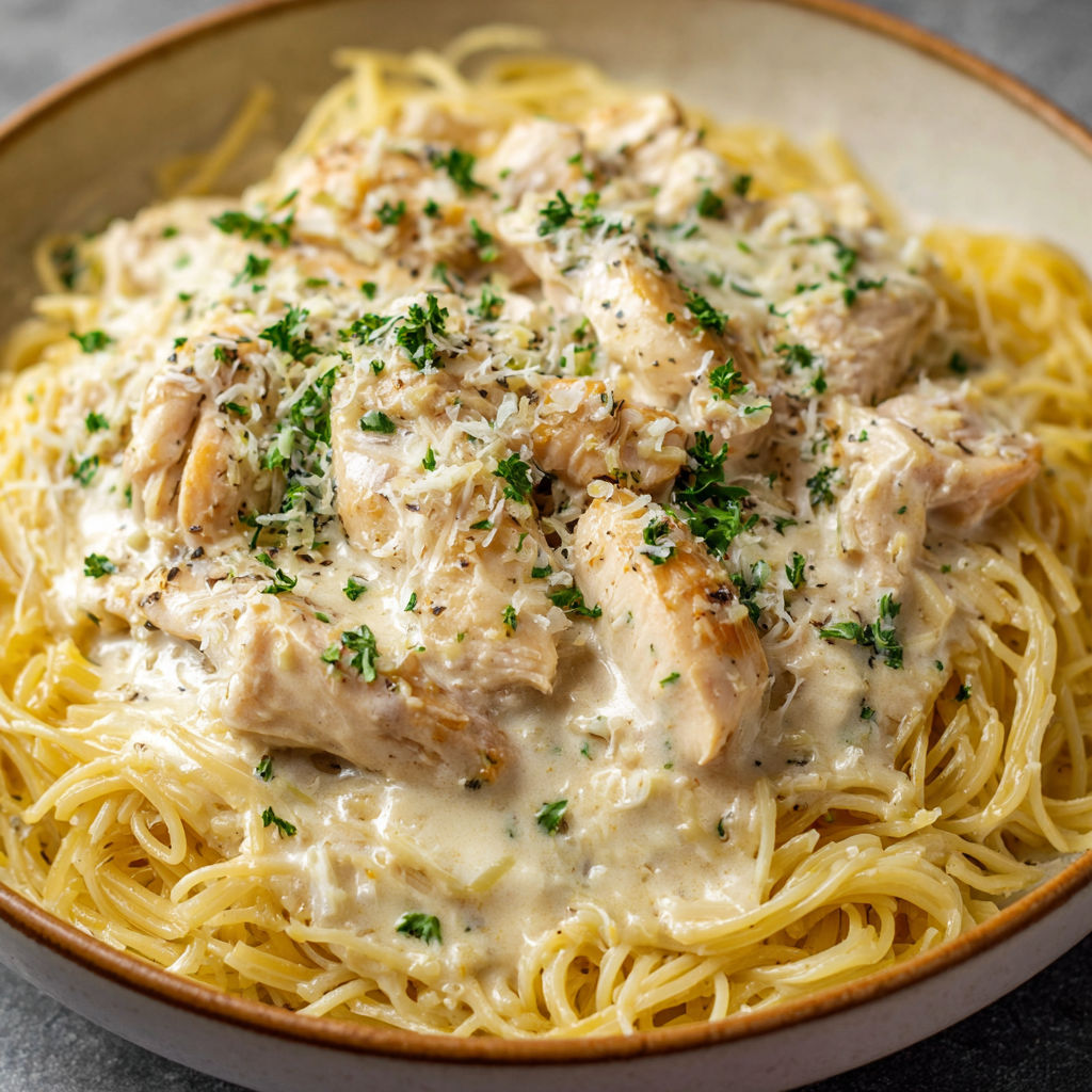 A bowl of chicken and pasta with a green garnish.