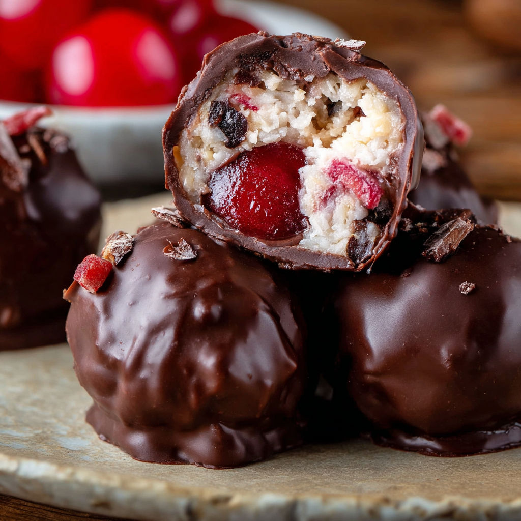 A plate of chocolate covered cherry bourbon balls.