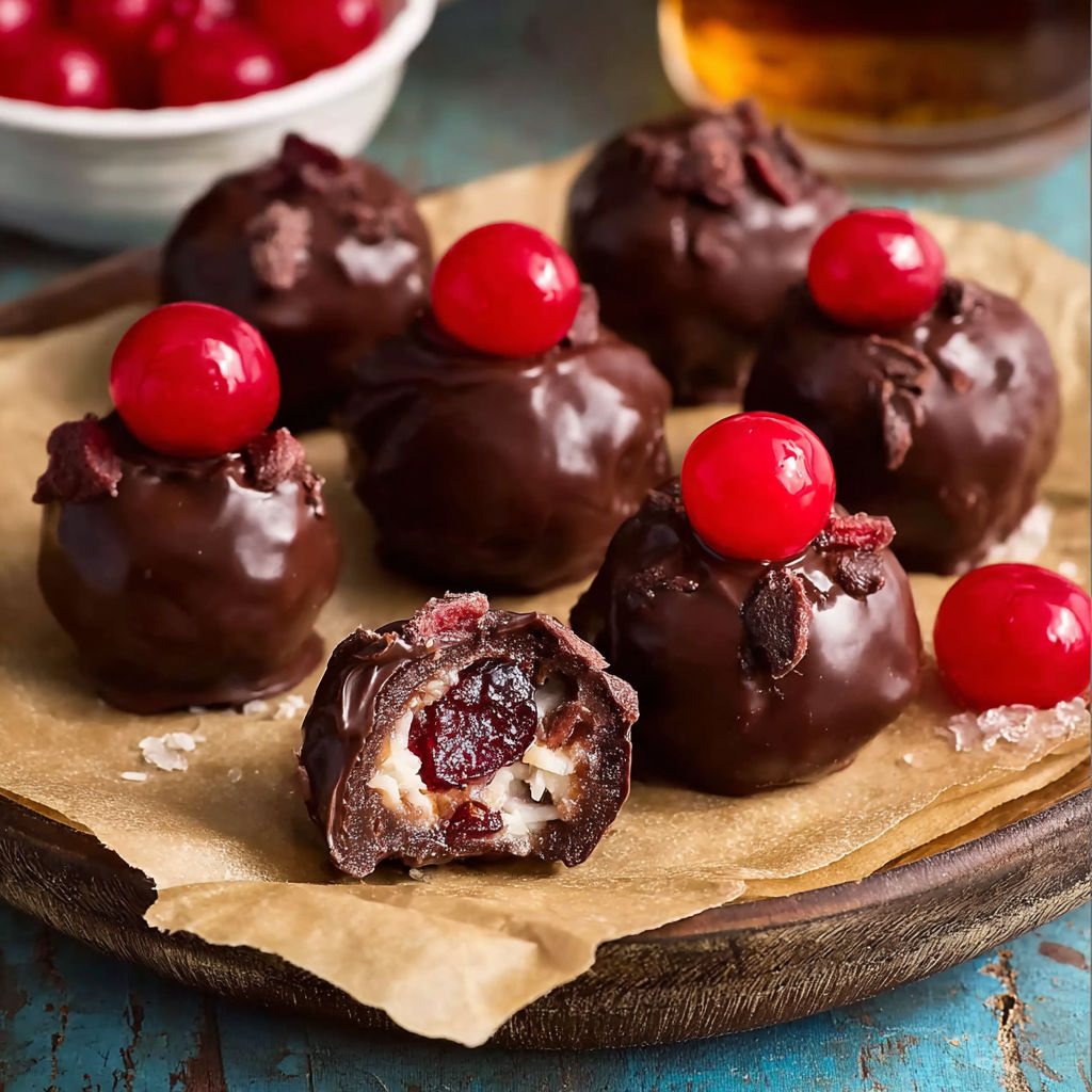 A plate of chocolate covered cherries with a glass of wine in the background.