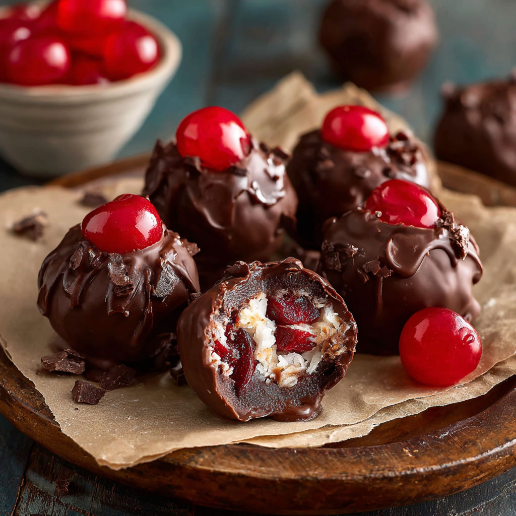 A plate of chocolate covered cherries with white cream filling.