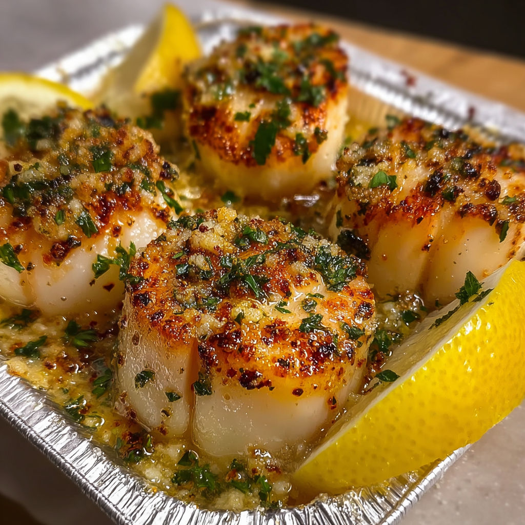 A dish of scallops with lemon wedges and garlic butter, served in a tin.