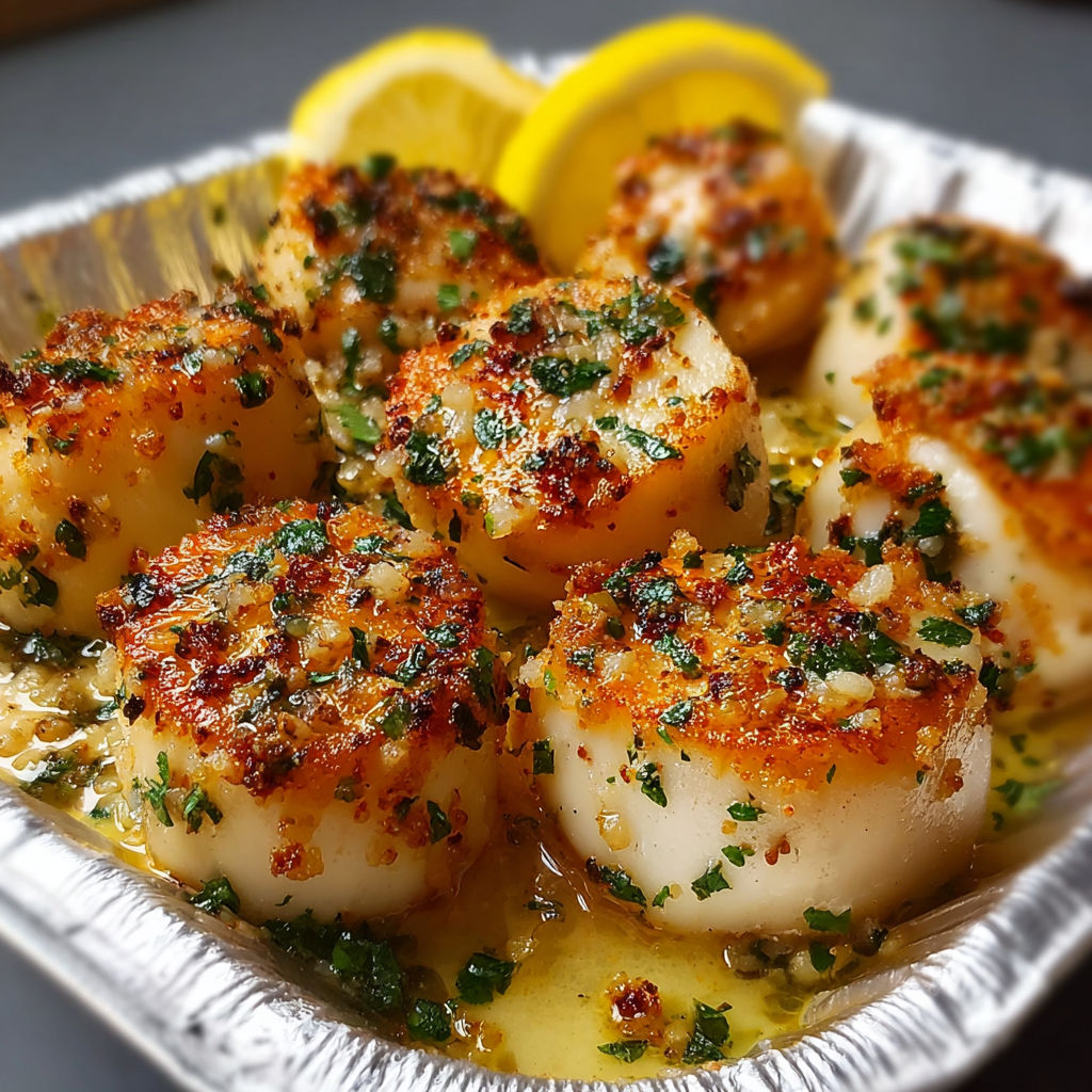 A close up of scallops in a tin pan with garlic butter and lemon.