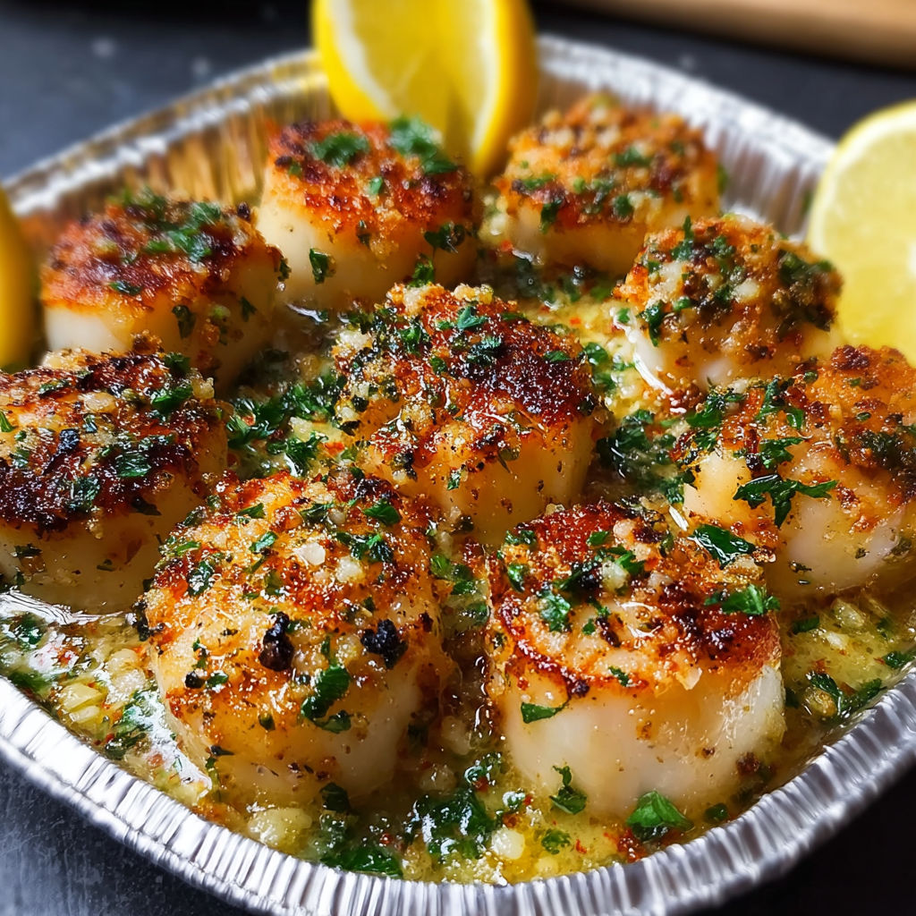 A pan of garlic butter baked scallops with lemon wedges on top.