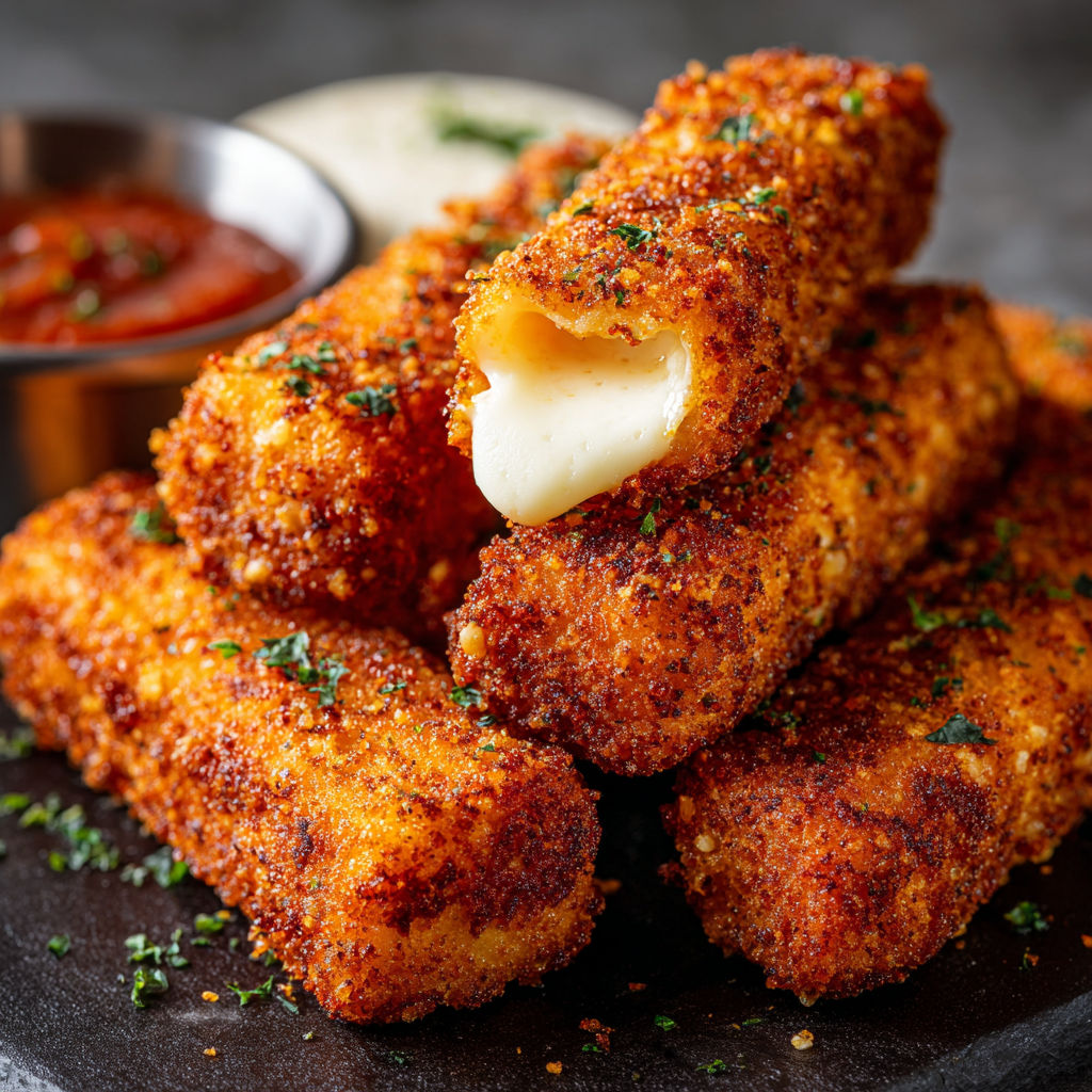 A plate of crispy Nashville hot mozzarella sticks with a side of marinara sauce.