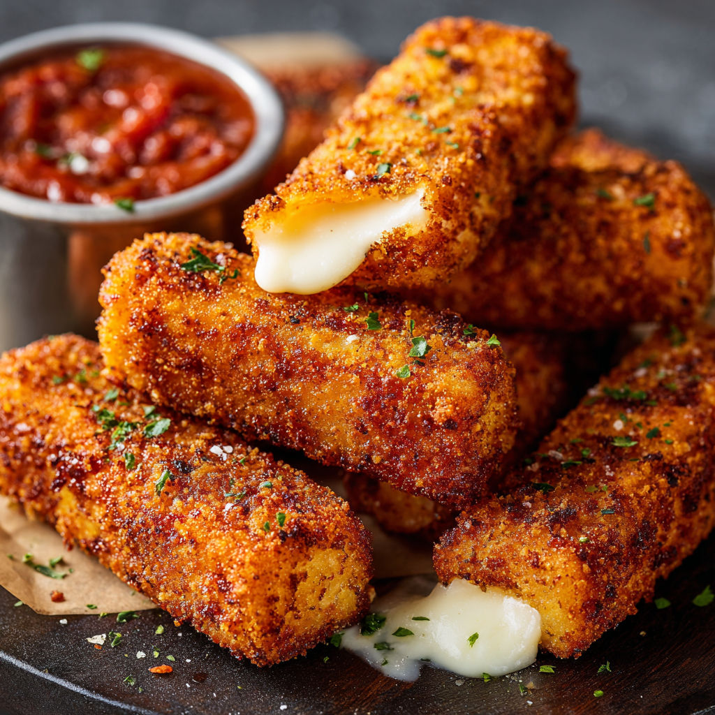 A plate of breaded cheese sticks with a dipping sauce.