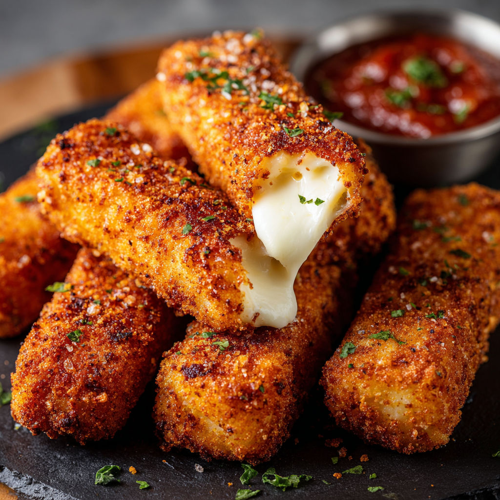 A plate of breaded cheese sticks with a dipping sauce.