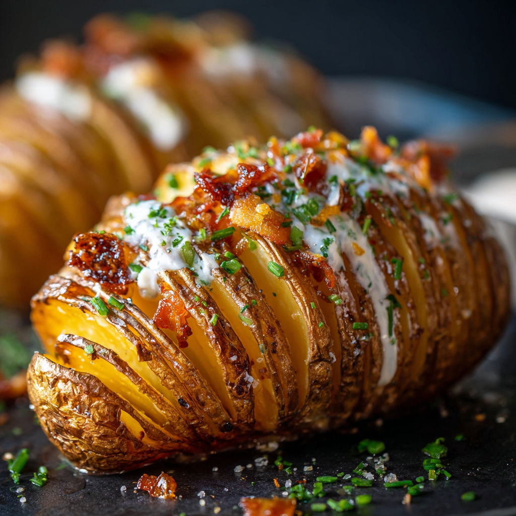 Two cheesy hasselback potatoes on a black plate, ready to be enjoyed.