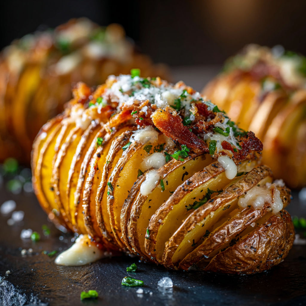 A close up of a delicious bacon and cheese stuffed potato with a sprinkle of parsley.