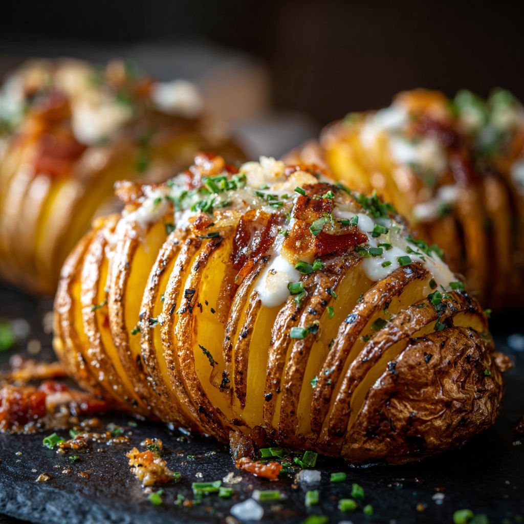 A close up of two roasted potatoes with cheese and herbs on top, ready to be served.