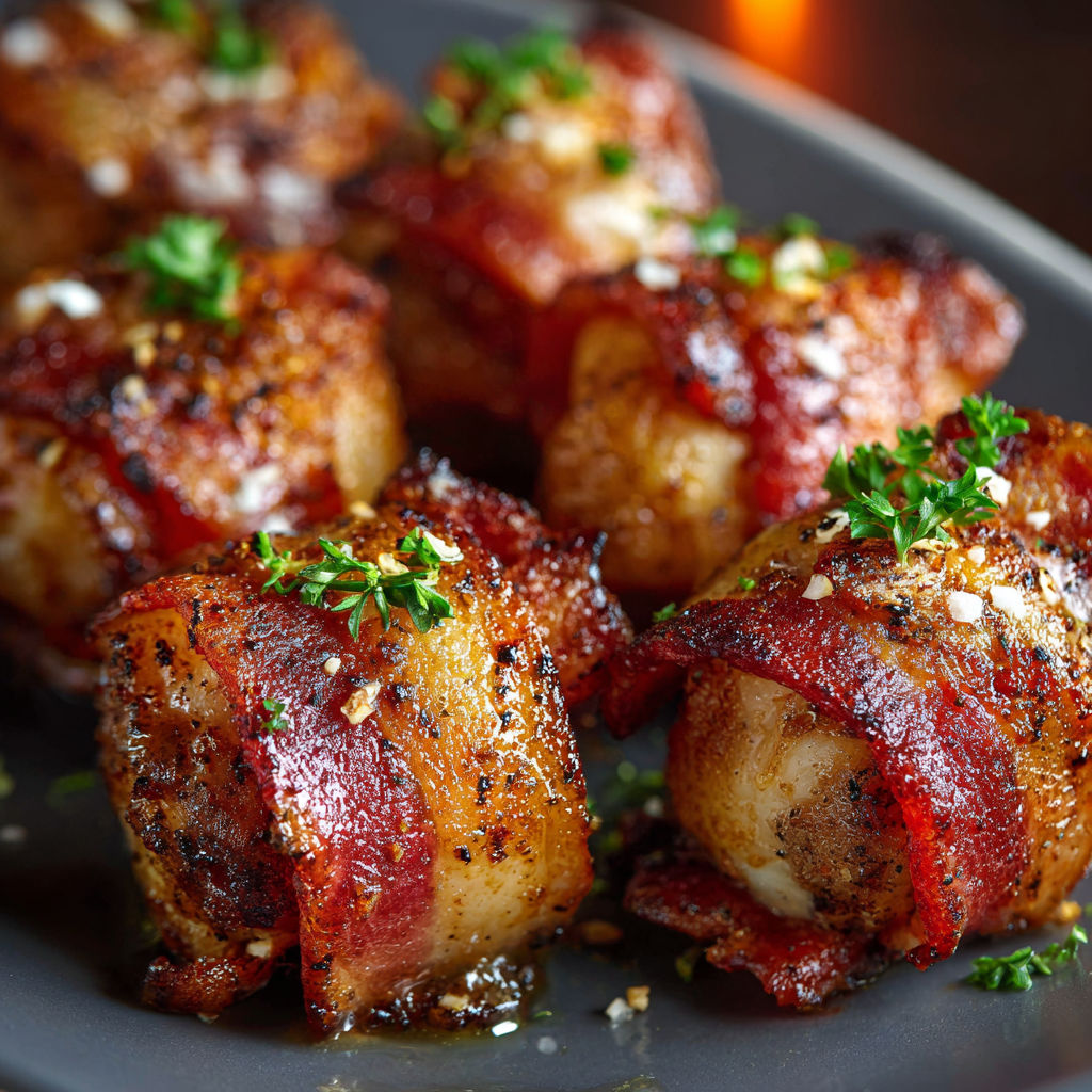 Bacon Wrapped Chicken Bites Recipe: A delicious appetizer made with bacon, chicken, and various seasonings, served on a plate.