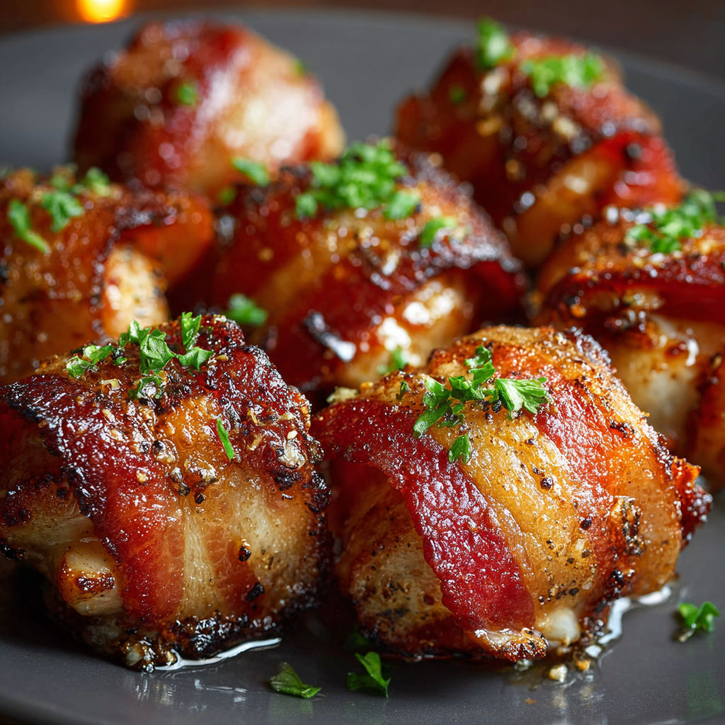 A plate of bacon wrapped meatballs with a drizzle of sauce.