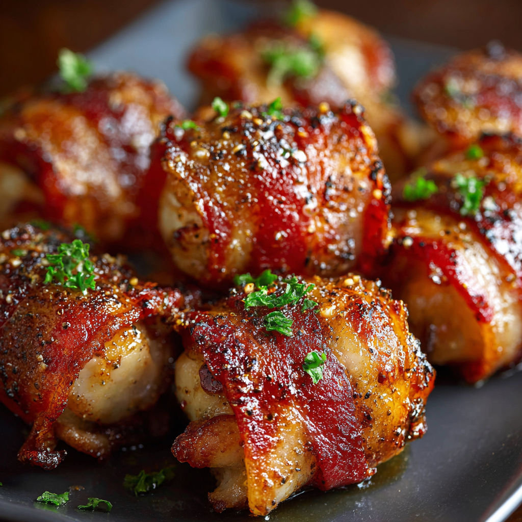 A plate of bacon wrapped meat with a green garnish, possibly a pork roast or a pork tenderloin, is presented on a table.
