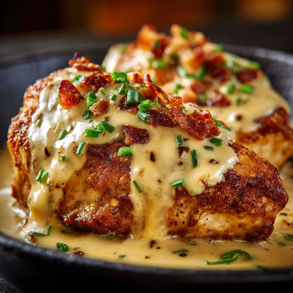 A delicious smothered chicken dish with bacon and cheese, served in a black bowl.