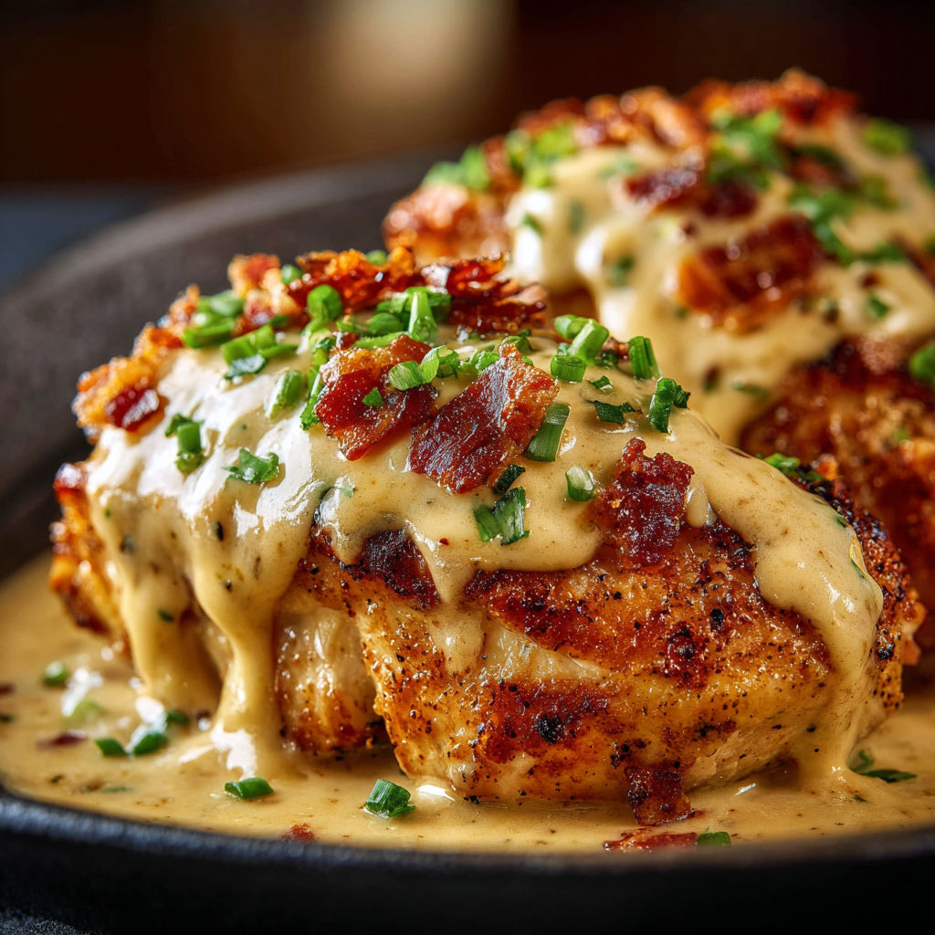 A plate of bacon wrapped chicken with a creamy sauce.