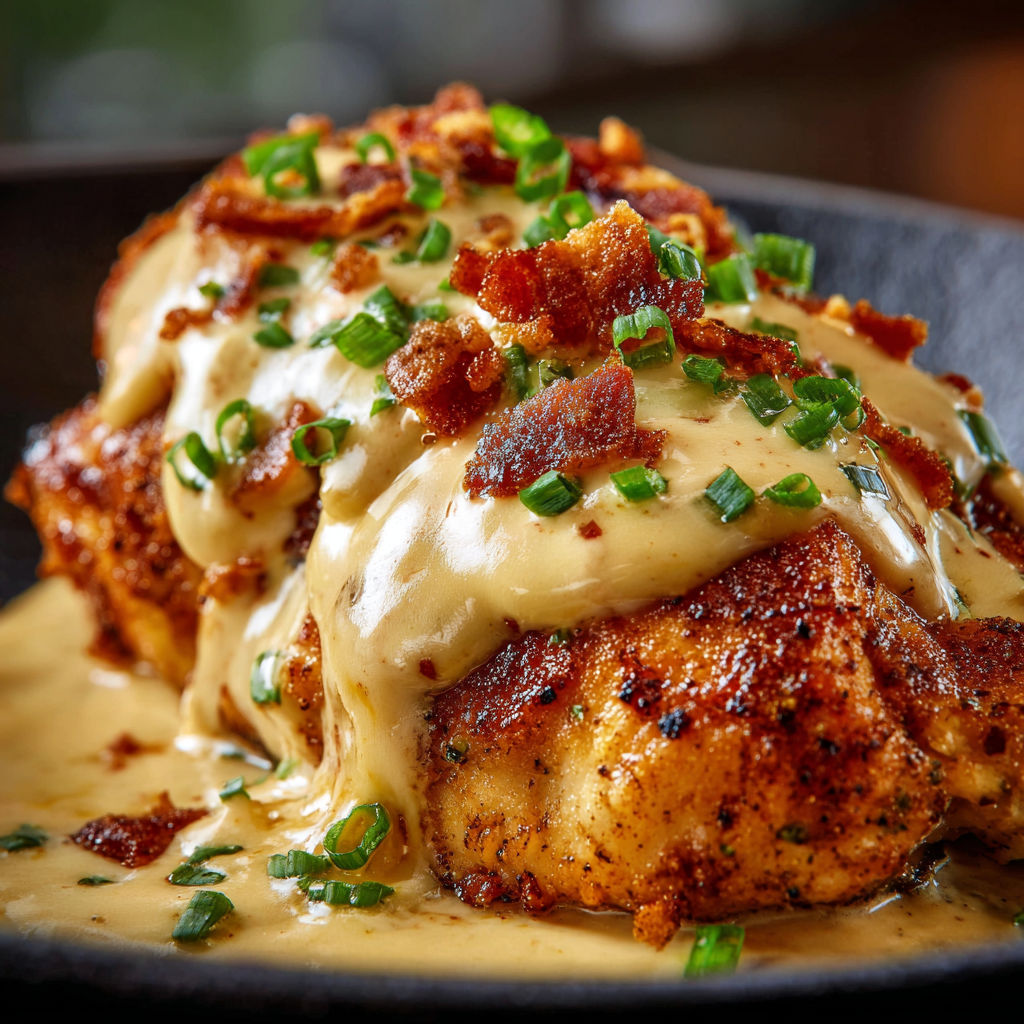 A delicious meal of bacon wrapped chicken with a creamy sauce.