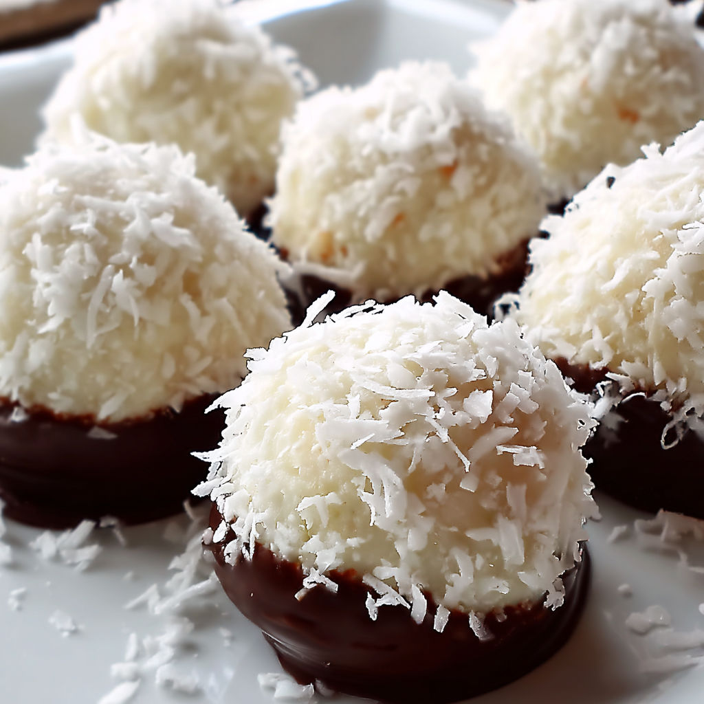 A plate of coconut cream balls with a chocolate topping.