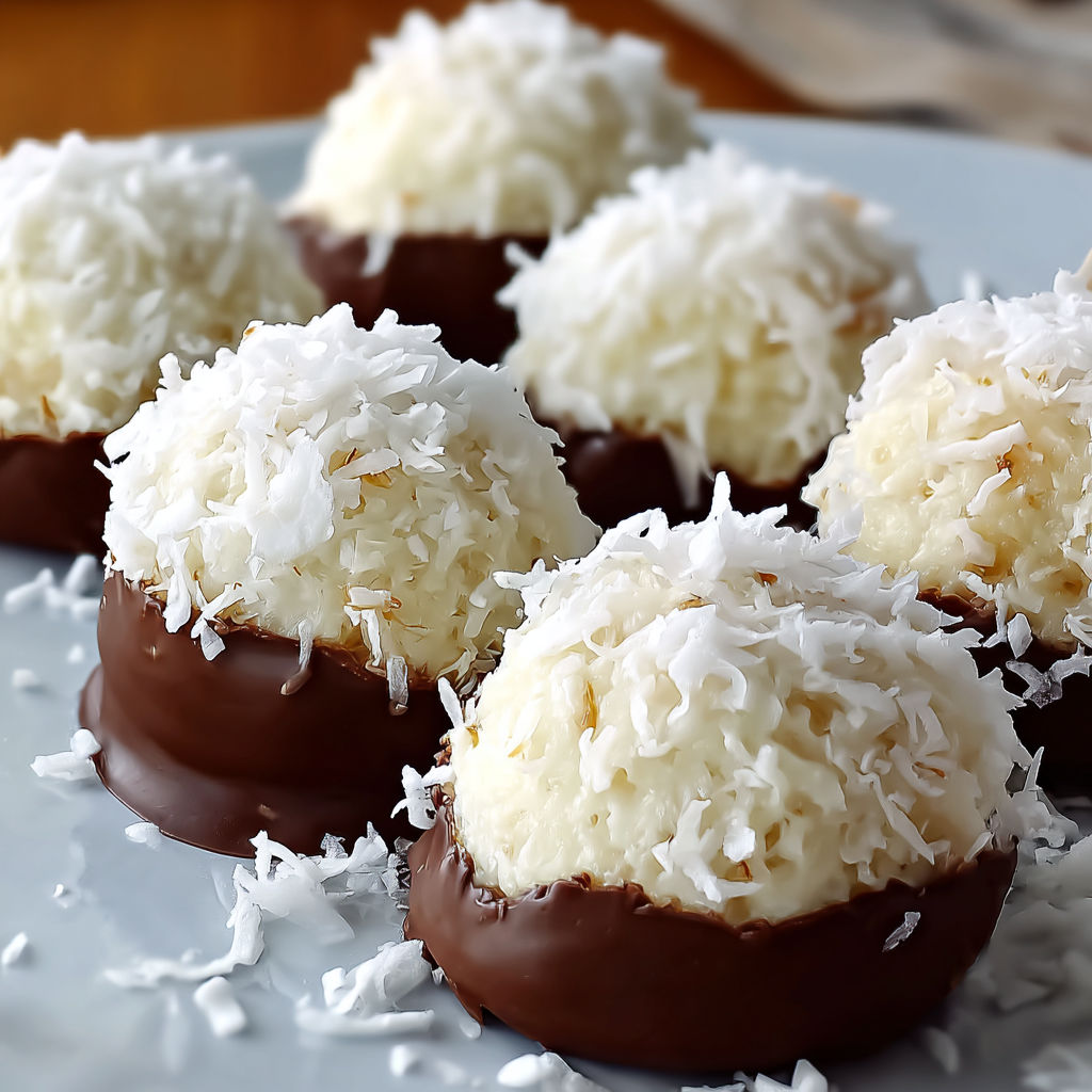 A plate of coconut covered chocolate balls.