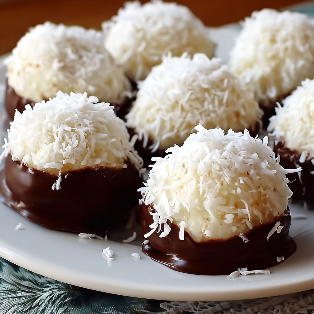 A plate of chocolate covered coconut balls.