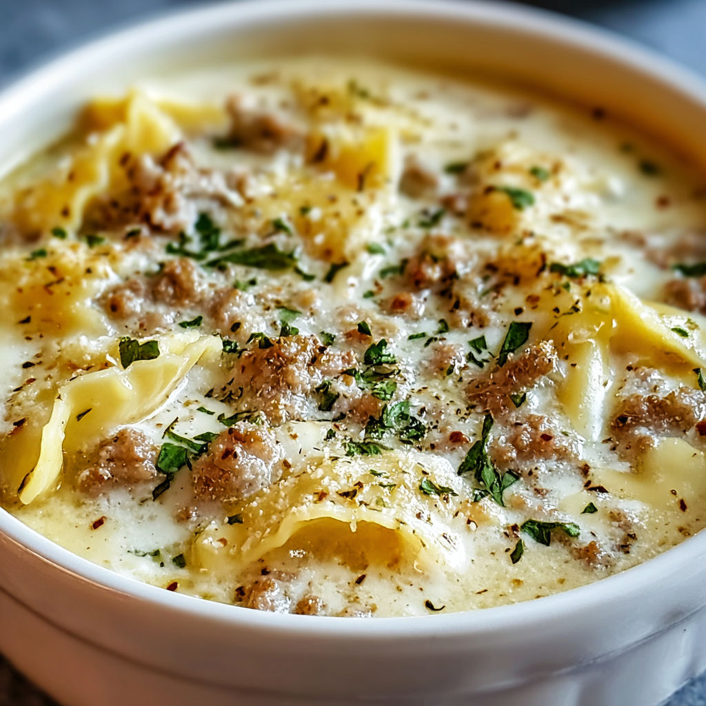 A bowl of Alfredo Lasagna Soup with pasta, meat, and cheese.