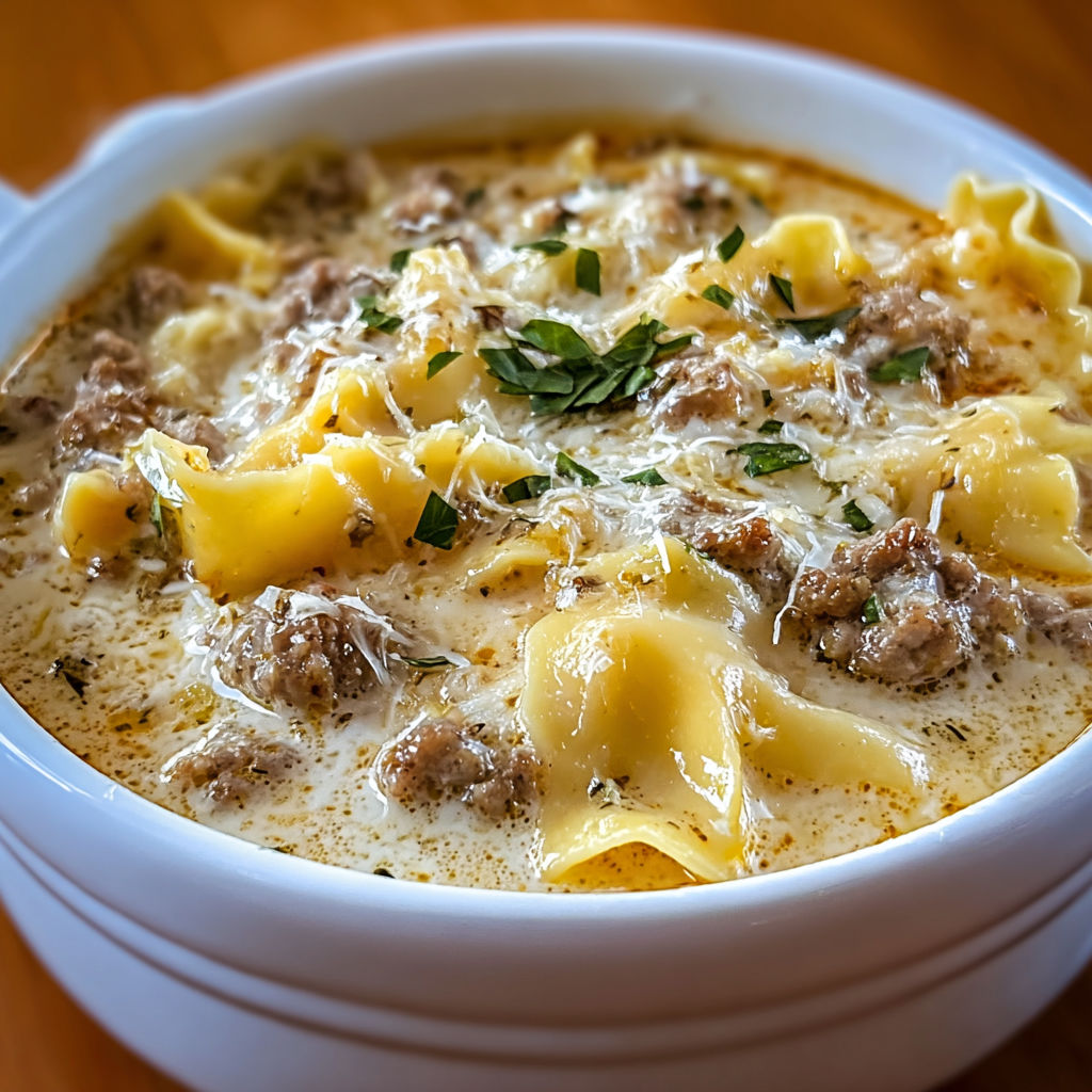 A bowl of pasta with meat and cheese, possibly a lasagna dish.