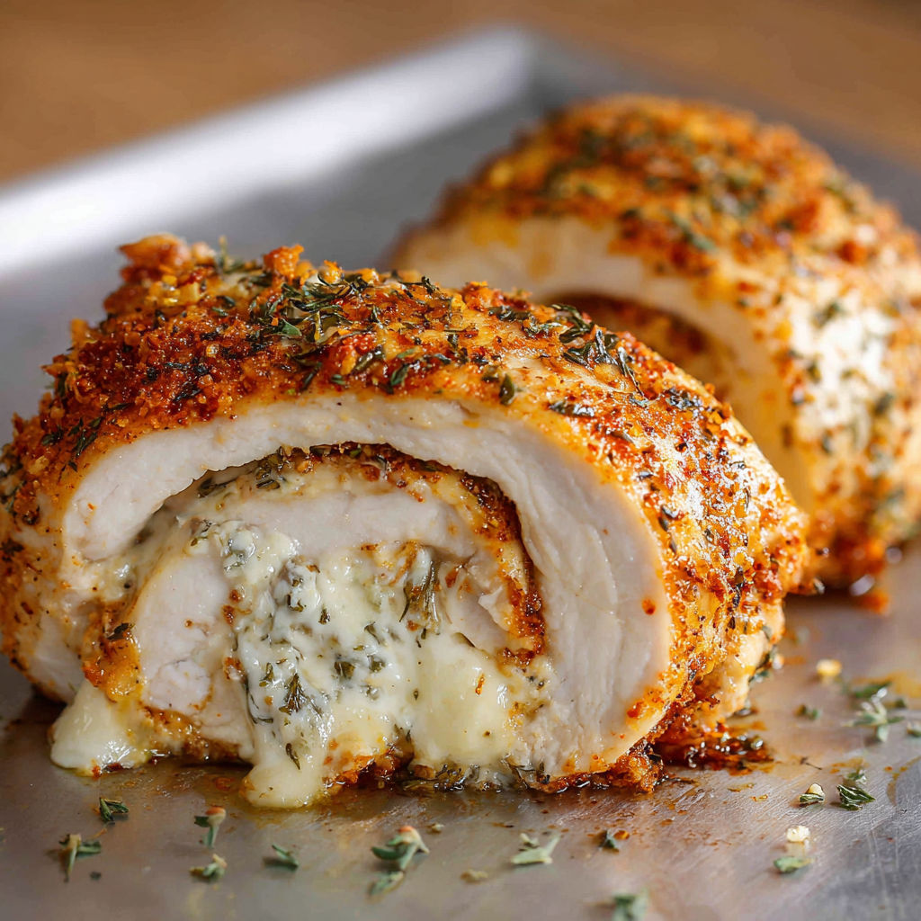Chicken Roll Ups with cheese and herbs on a metal tray.