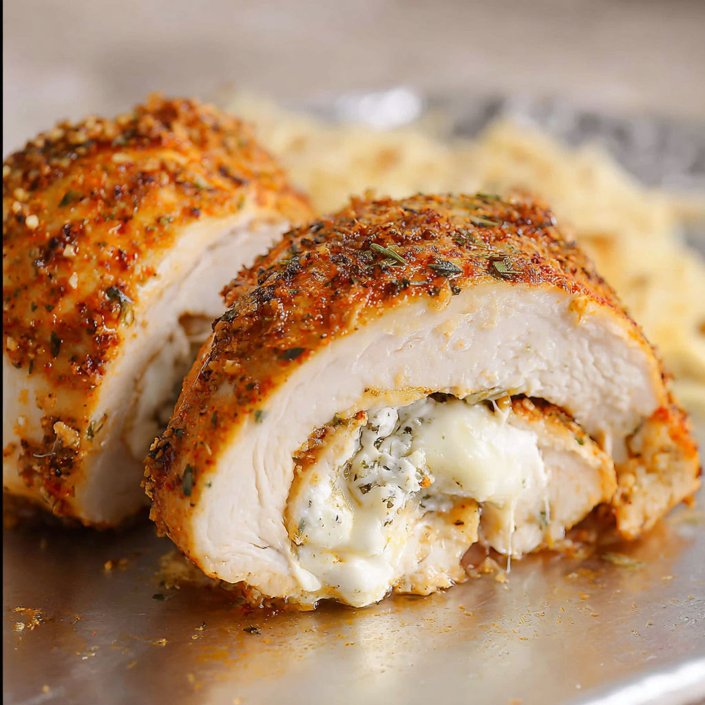A delicious chicken dish with cheese and herbs, served on a silver platter.