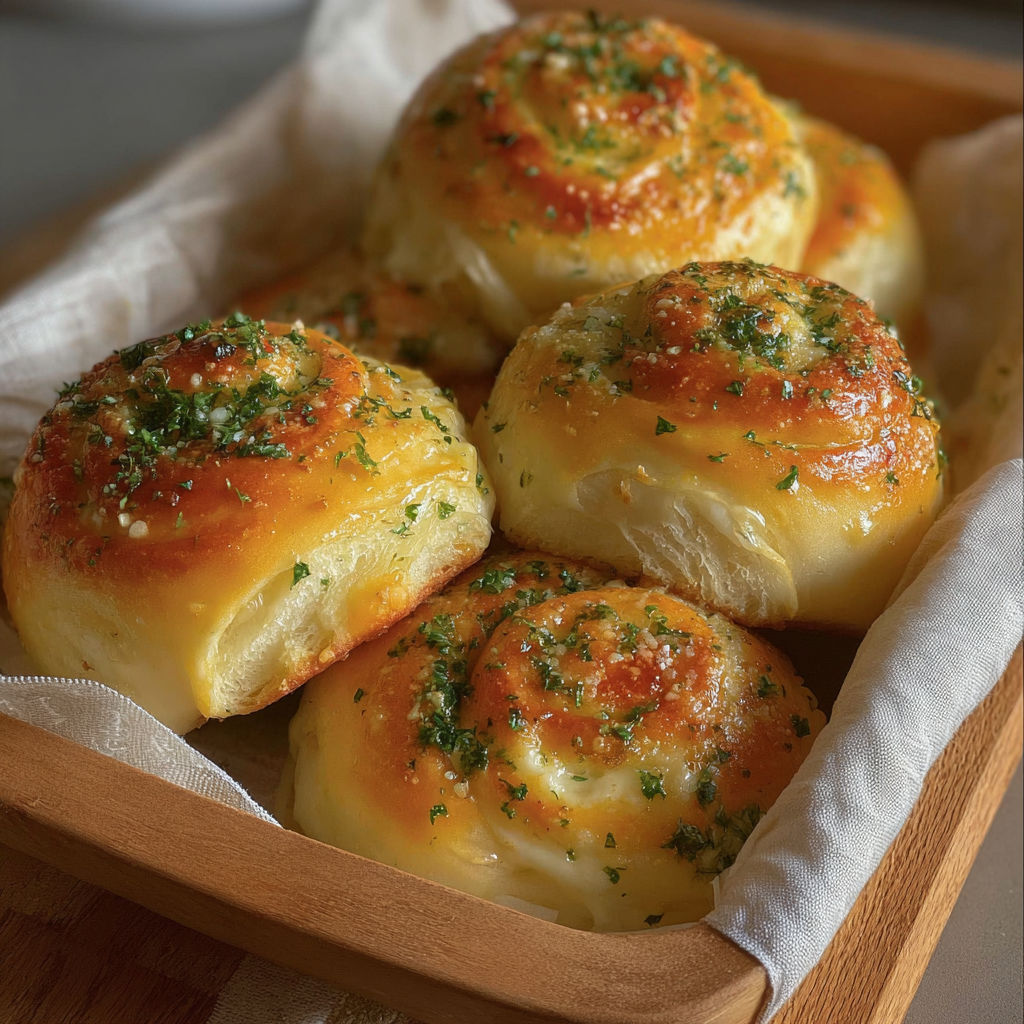 A wooden tray holds a dozen baked rolls with herbs and cheese.