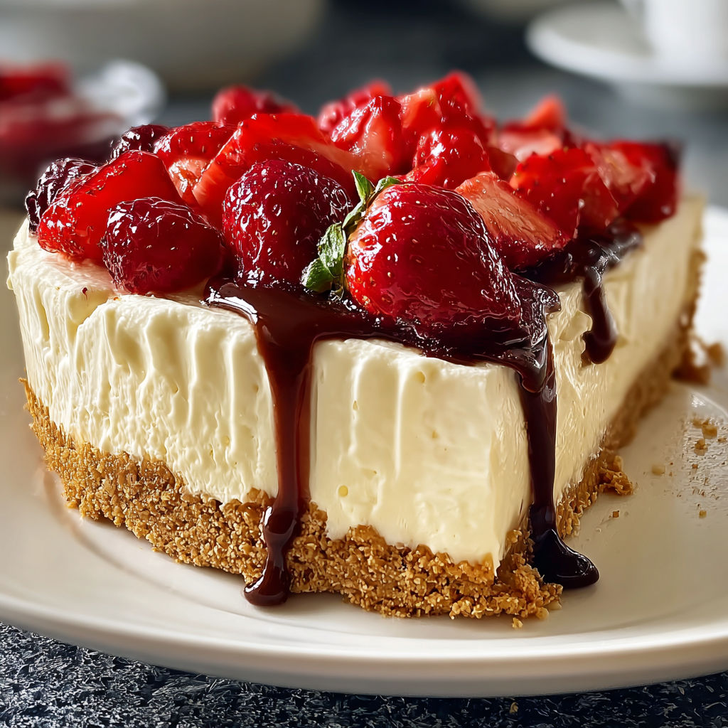 A slice of No-Bake Cheesecake with strawberries and chocolate drizzle.