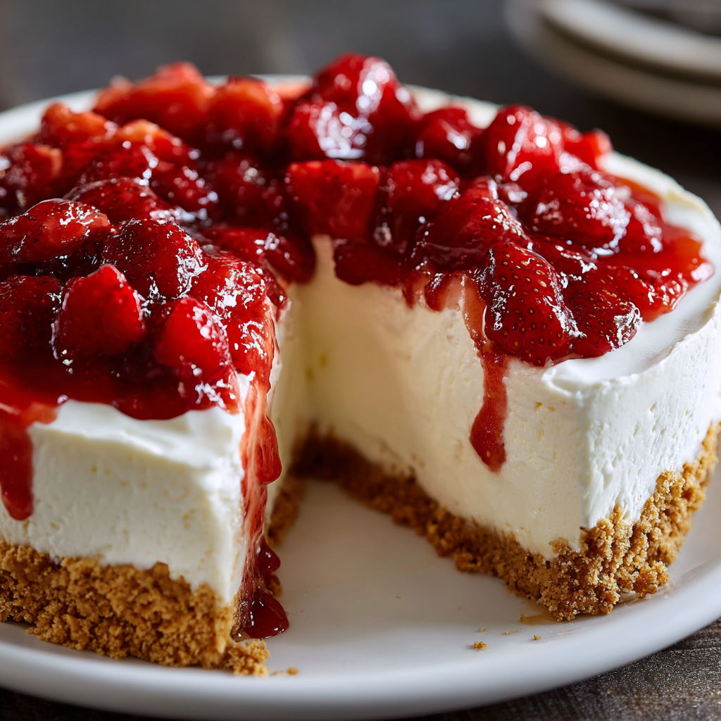 A slice of strawberry cheesecake on a white plate.