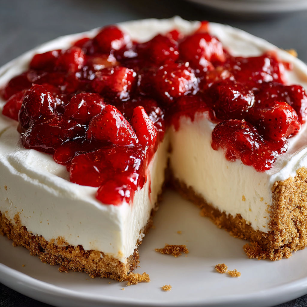 A slice of cheesecake with strawberries on top.