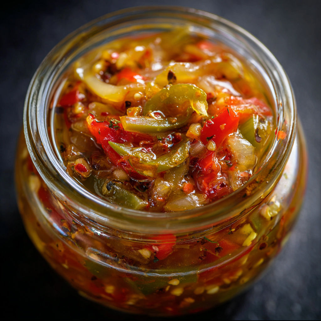 A jar of pickled pepper and onion relish is displayed on a table.
