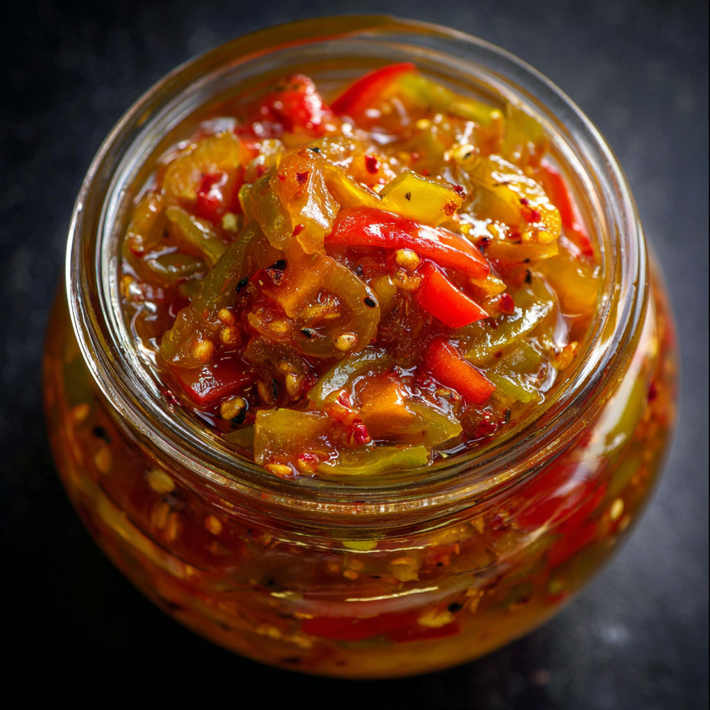 A jar of pickled pepper and onion relish is displayed on a table.