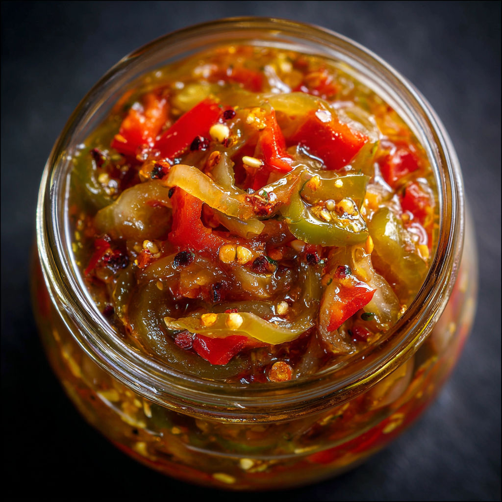 A jar of pickled pepper and onion relish is displayed on a table.