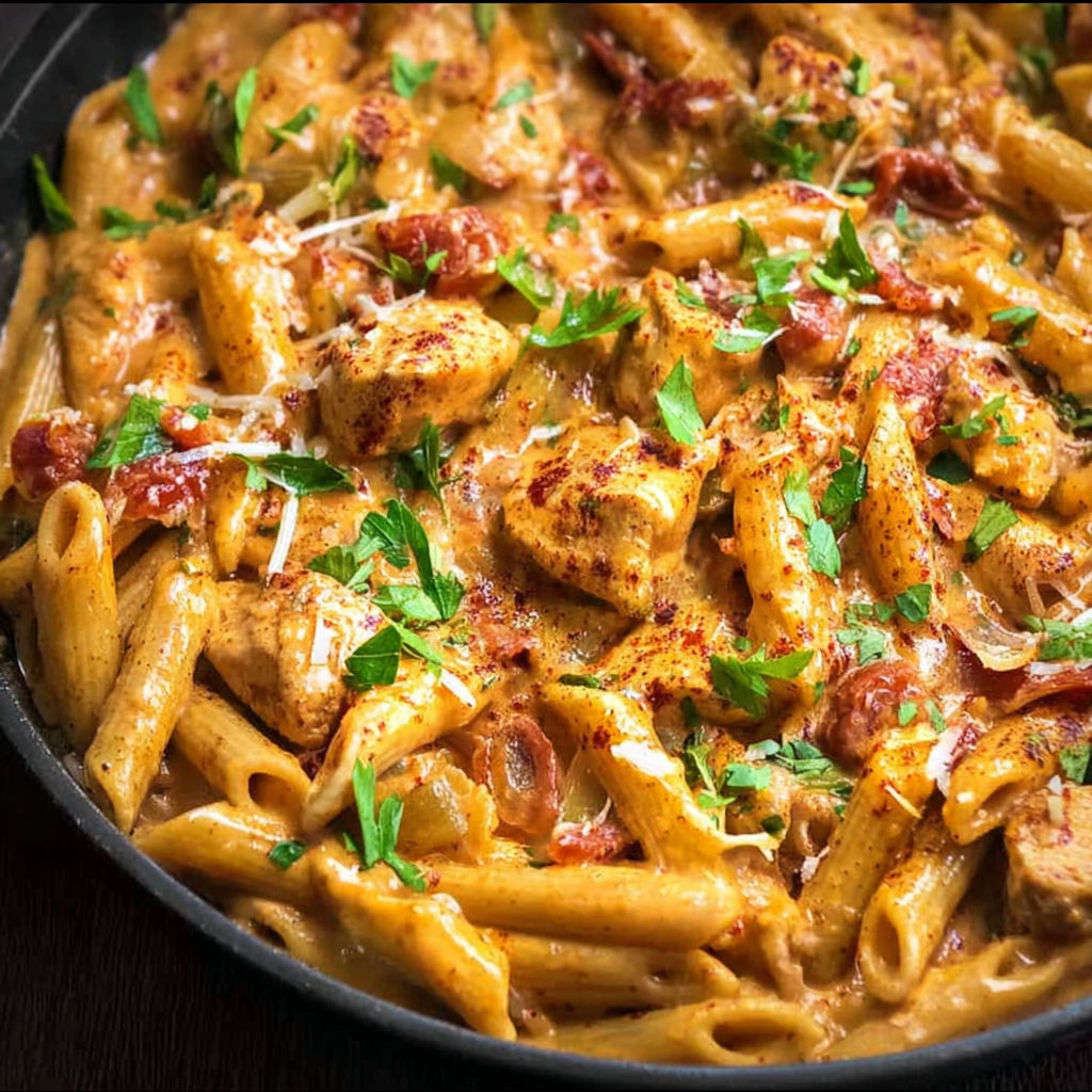 A delicious pasta dish with chicken and cheese, served in a black bowl.