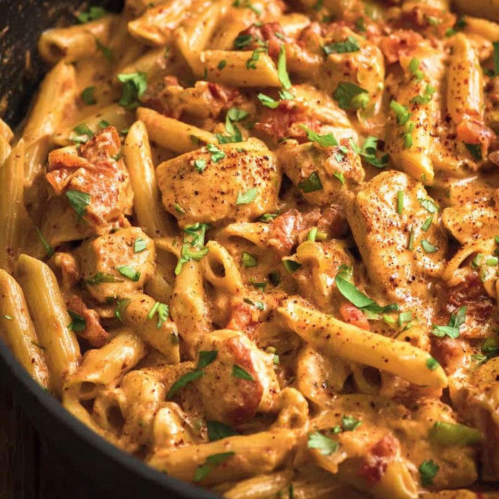 A delicious pasta dish with chicken and tomato sauce, garnished with green herbs.