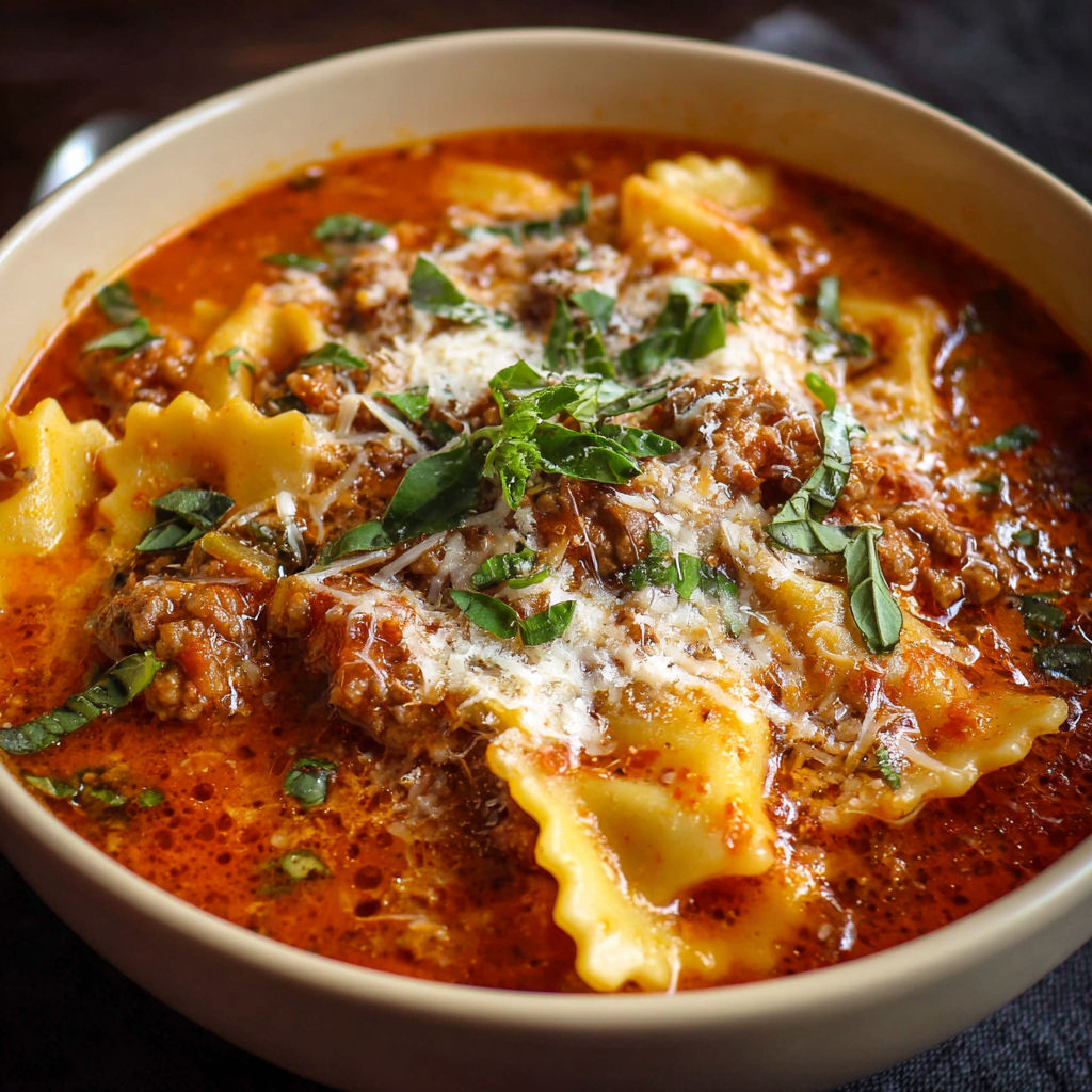 A bowl of lasagna soup with noodles and meat.