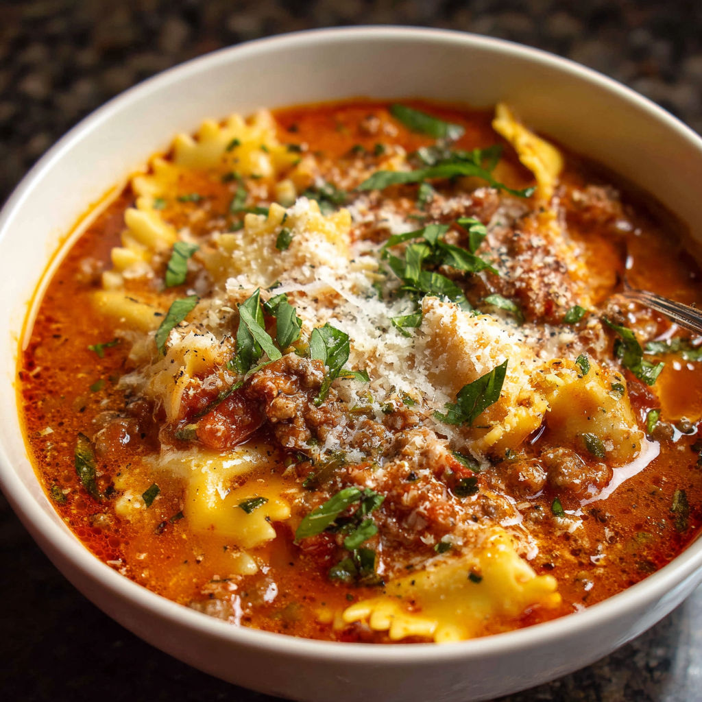 A bowl of pasta with meat sauce and cheese, possibly a lasagna or a baked pasta dish.
